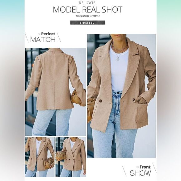 Sidefeel Casual Blazer Open Front Button Office Suit Jacket - Picture 8 of 10
